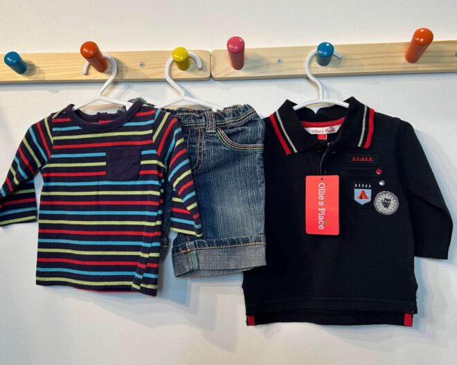 SPROUT TOP +  PUMPKIN PATCH DENIM SHORTS + OLLIES PLACE T SHIRT  0-3 months
