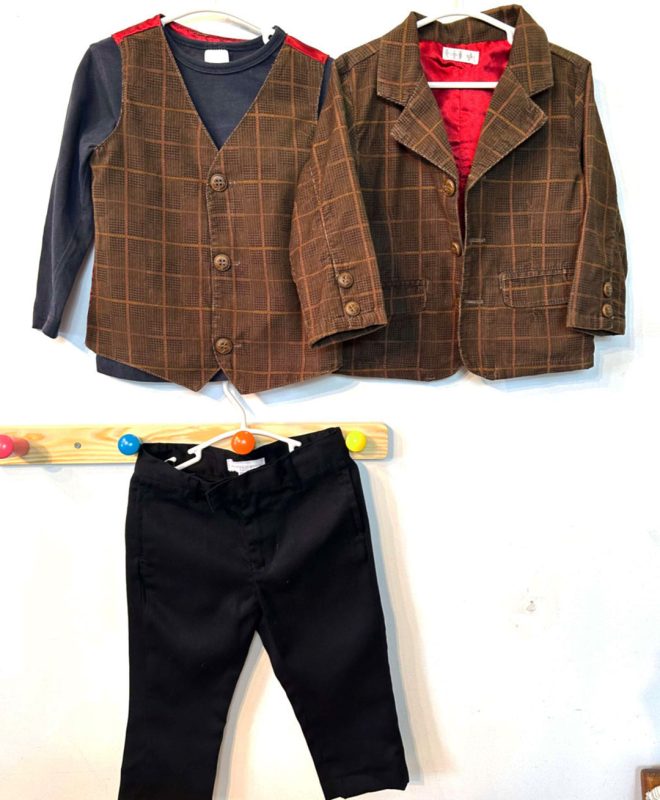 MAMAS & PAPAS (UK) CORDUROY WAISTCOAT AND JACKET + PUMPKIN PATCH TROUSERS + LONG SLEEVE T-SHIRT  12-18 months