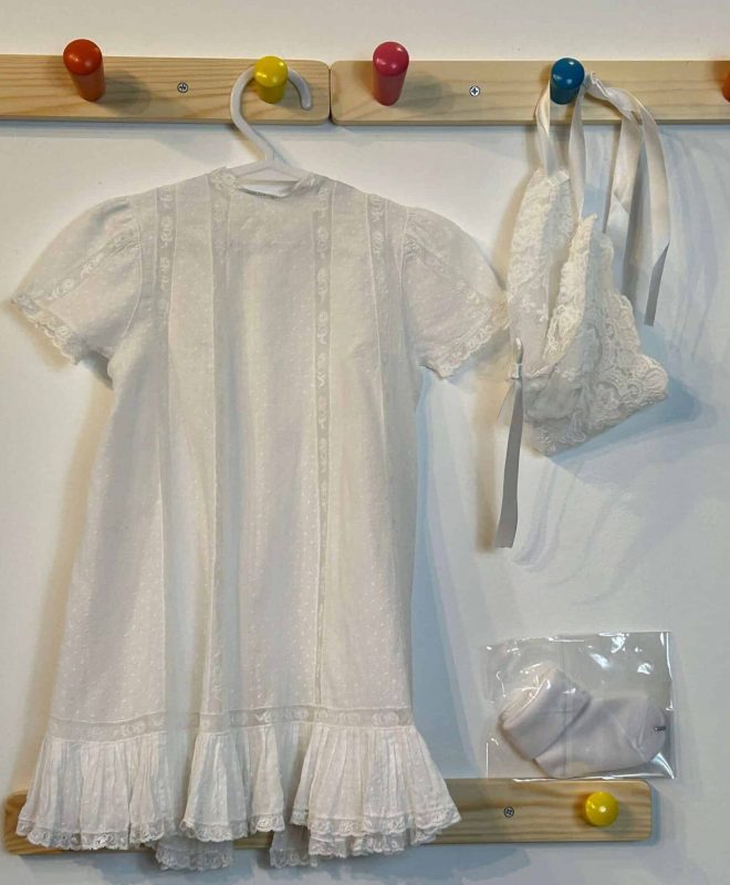 HEIRLOOM SWISS COTTON VOILE CHRISTENING GOWN + BONNET + BOOTIES 0-6 MONTHS