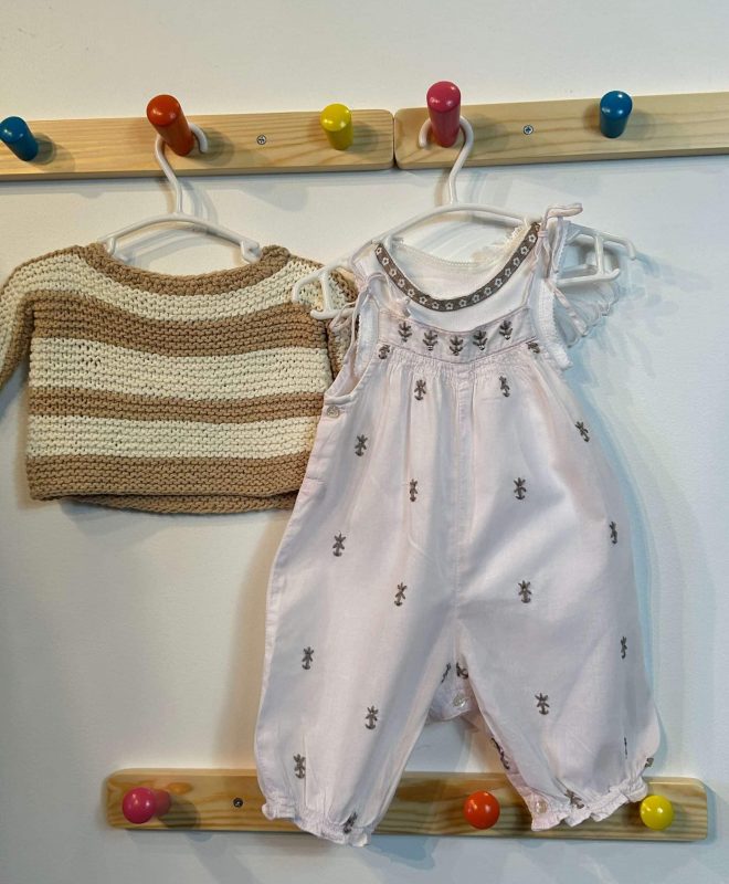 FRED BARE HAREM OVERALLS + ALEX & CHARLI WINGED TANK + HAND KNIT SWEATER  0-3 months