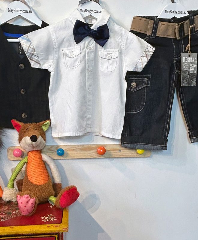TOUT COMPTE FAIT (France) SHIRT + PETER MORRISSEY BABY VEST +  CARGO JEANS WITH BELT + SATIN BOW TIE