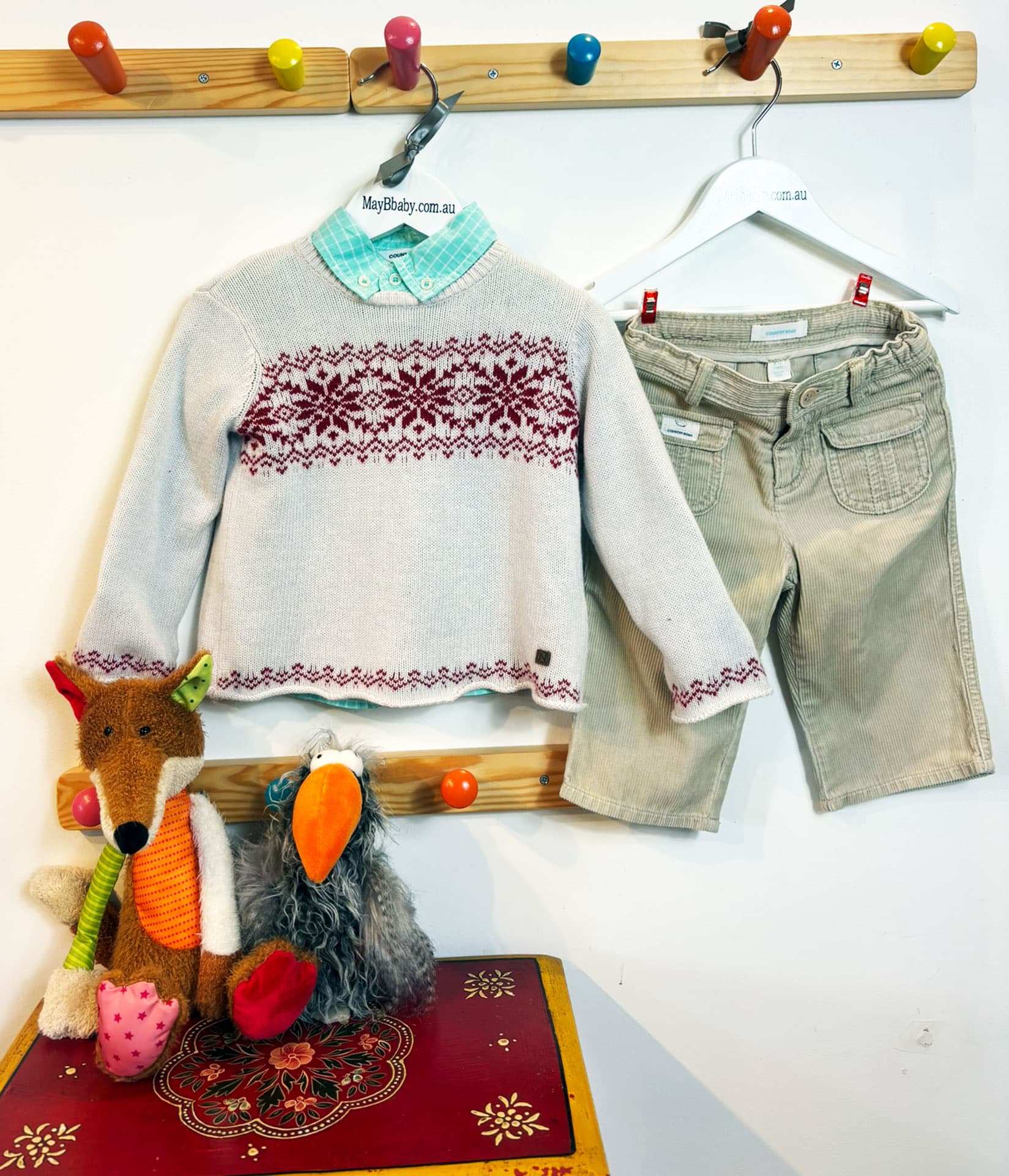 NATALYS (Paris) FAIRISLE JUMPER + COUNTRY ROAD SHIRT + COUNTRY ROAD CORDUROY TROUSERS. 0-3 MONTHS