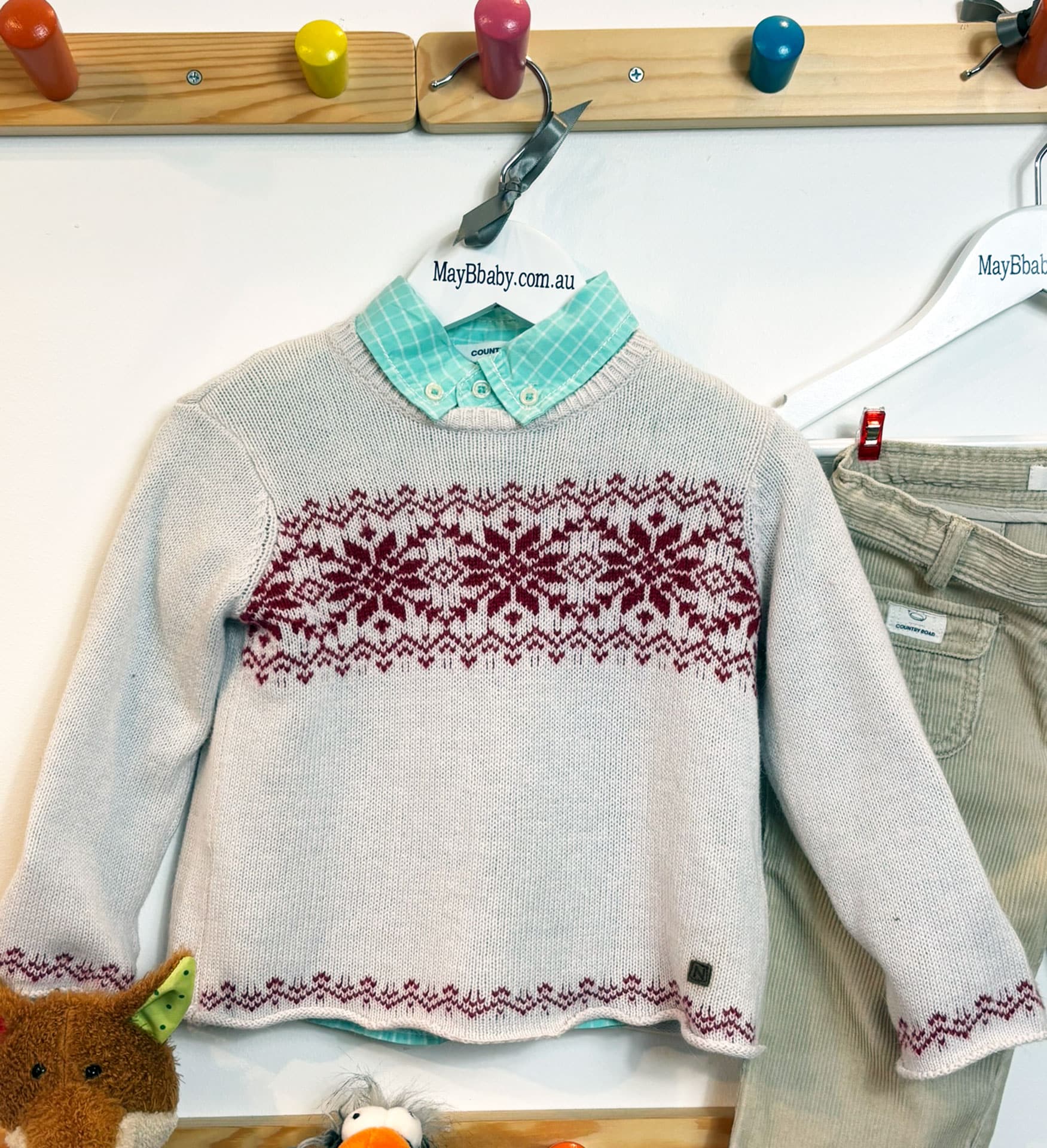 NATALYS (Paris) FAIRISLE JUMPER + COUNTRY ROAD SHIRT + COUNTRY ROAD CORDUROY TROUSERS. 0-3 MONTHS - Image 2
