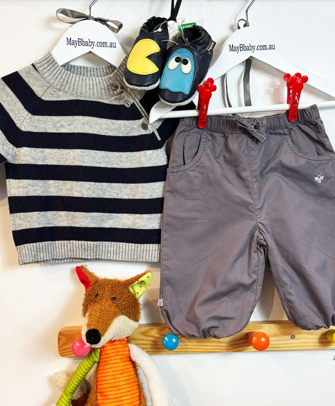 FRED BARE MERINO WOOL JUMPER + OBAIBI (France) TROUSERS + FRAYED KNOT LEATHER SHOES 0-3 MONTHS