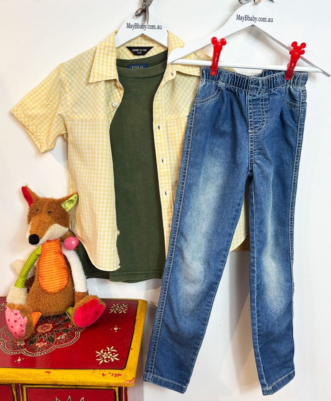 COMME CA ISM (Japan) SHIRT + RALPH LAUREN TEE + MOTHERCARE (UK) JEANS 5-6 YEARS