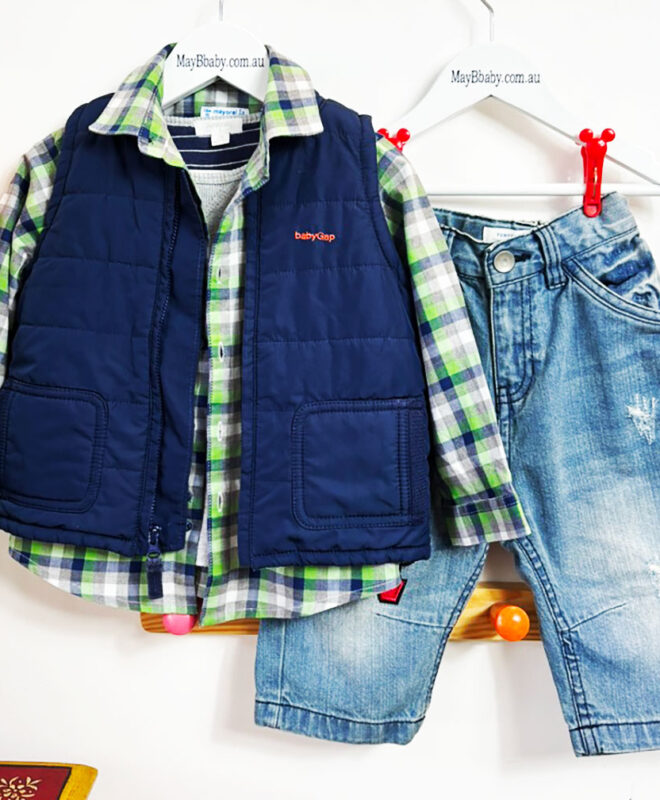 MAYORAL (France) SHIRT + PURE BABY TEE + BABY GAP PADDED GILET + PUMPKIN PATCH JEANS 18 Months