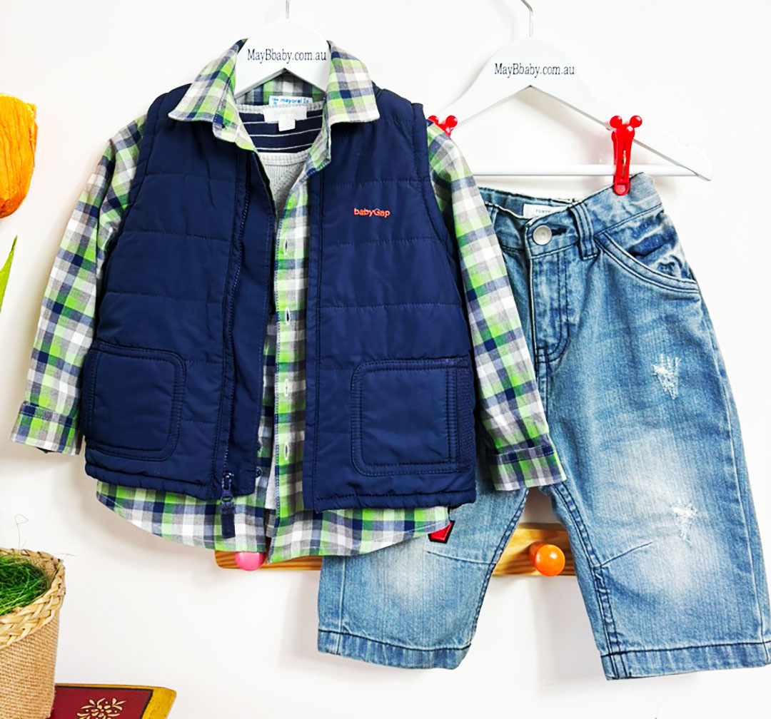 MAYORAL (France) SHIRT + PURE BABY TEE + BABY GAP PADDED GILET + PUMPKIN PATCH JEANS 18 Months