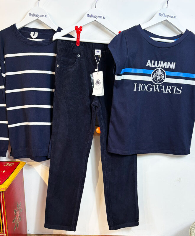 PETITE BATEAU (France) CORDUROY JEANS + ARKET (Sweden) WOOLLEN JUMPER + HOGWARTS ALUMNI TEE (Official Potter Merchandise)