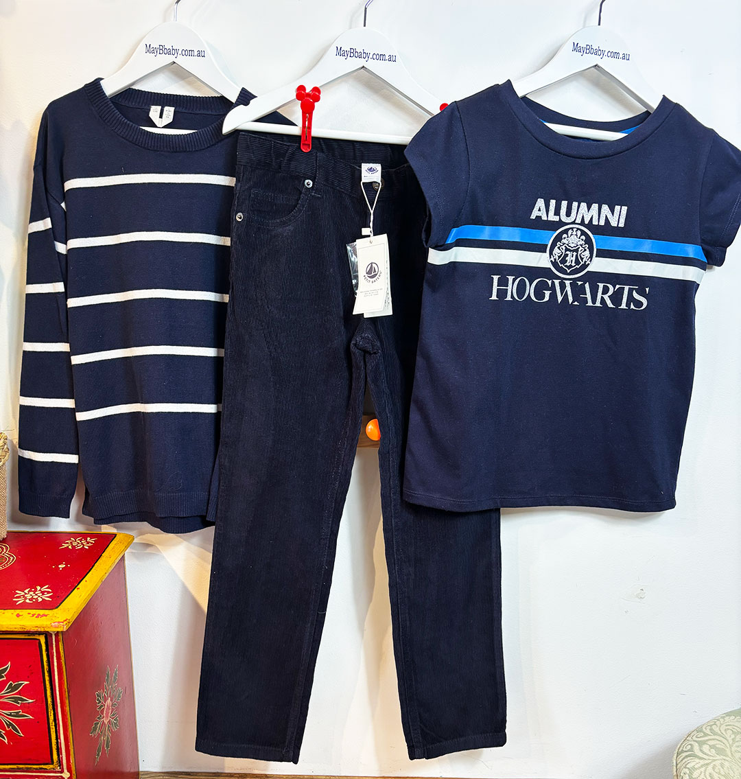 PETITE BATEAU (France) CORDUROY JEANS + ARKET (Sweden) WOOLLEN JUMPER + HOGWARTS ALUMNI TEE (Official Potter Merchandise)