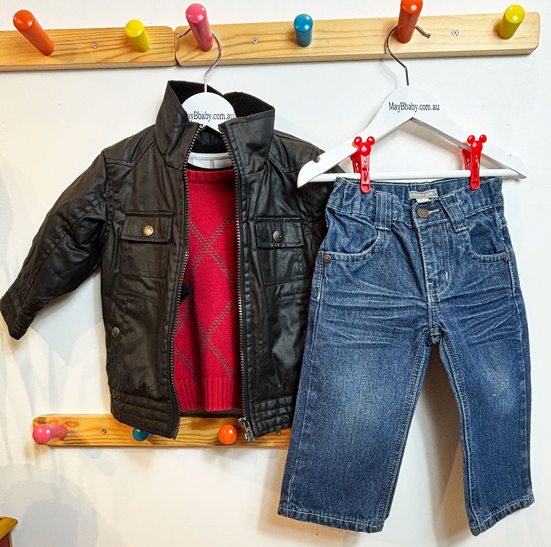 PUMPKIN PATCH PADDED WAXED COTTON BIKER JACKET + MICKEY MOUSE TEE+ SPROUT KNITTED VEST + PUMPKIN PATCH JEAND