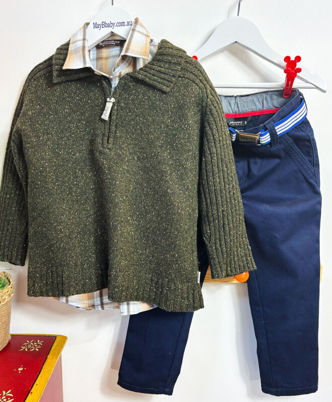 ST GEORGE BY DUFFER (UK) SHIRT + PETER MORRISSEY TROUSERS + PUMPKIN PATCH WOOLLEN JUMPER