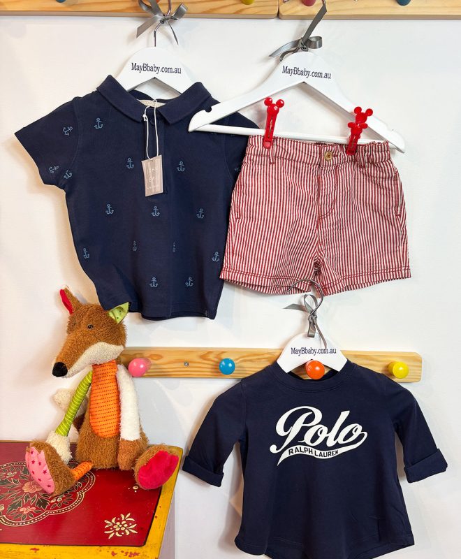 JOHN LEWIS POLO SHIRT + SHORTS + RALPH LAUREN LONG SLEEVE TEE 6-9 MONTHS