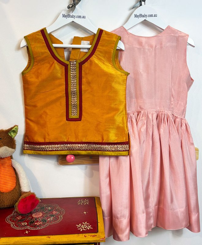 HEIRLOOM HAND MADE SATIN TEA DRESS + INDIAN SILK EMBELLISHED TOP 5-6 YEARS