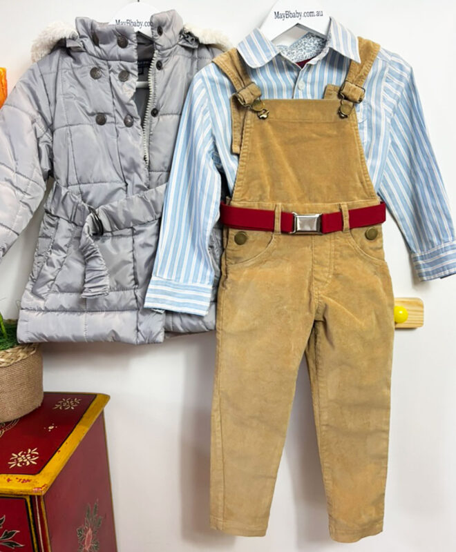 YOLI & OTIS CORDUROY DUNGAREES + HADLEIGH (London) SHIRT + PUMPKIN PATCH PUFFER