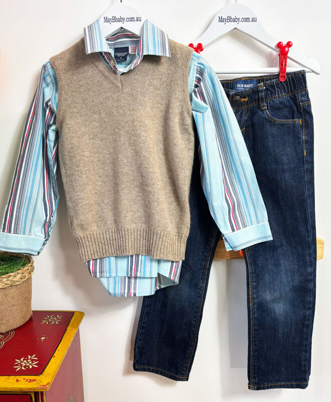 YANN (France) WO0L VEST + OLD NAVY (USA) JEANS + OSH KOSH B'GOSH SHIRT