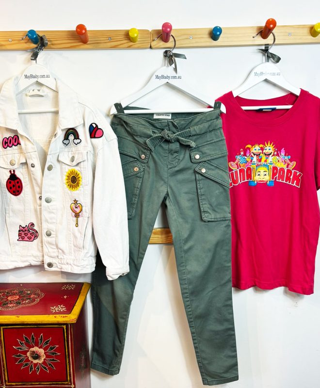 COUNTRY ROAD TROUSERS + LUNA PARK TEE + BESPOKE EMBELLISHED  DENIM JEAN JACKET 8 YEARS