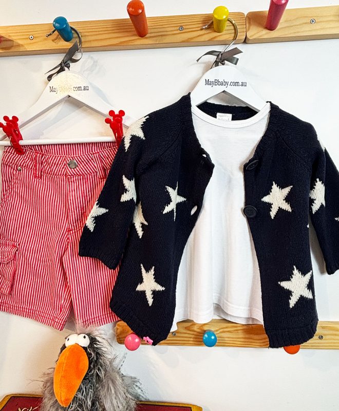 SPROUTSTIPED DENIM SHORTS + SEED STAR BABY CARDIGAN + BEBE BY MINIHAHA TEE 12 -18 months